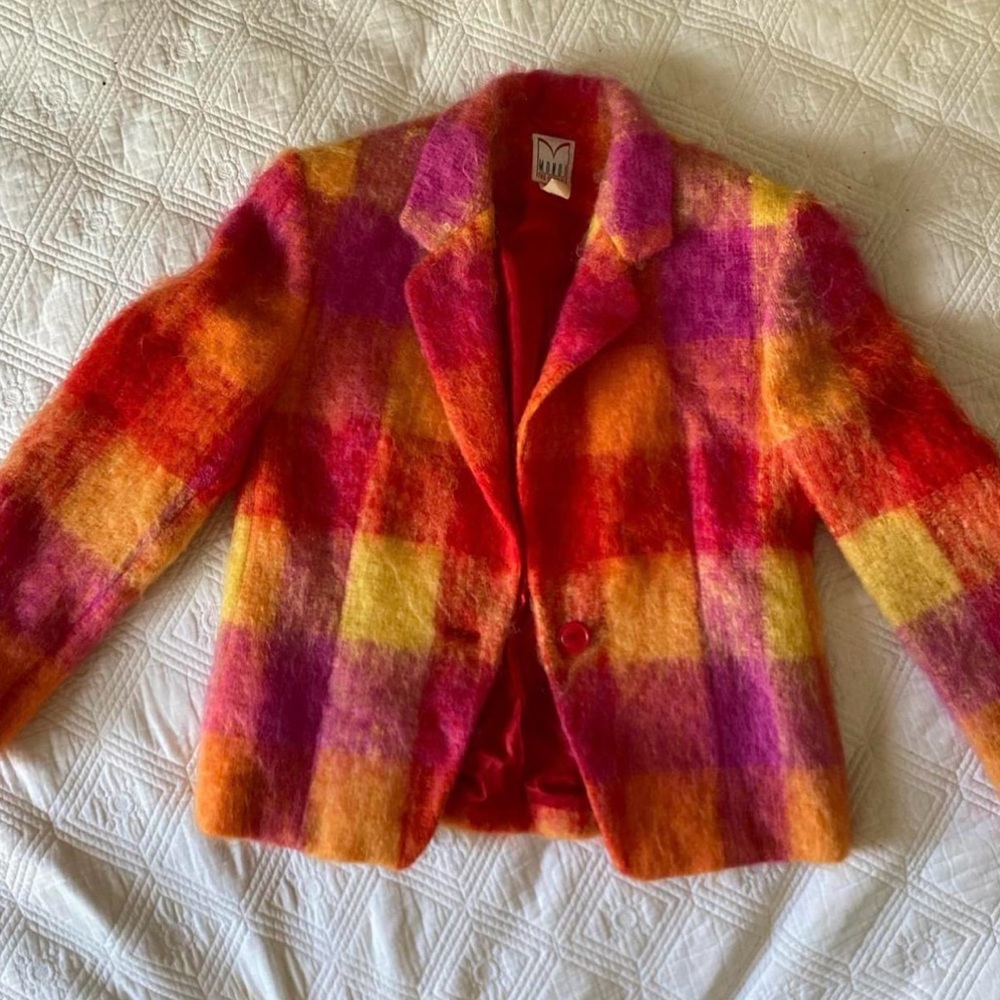 Vintage 80's Eyelash Mohair + Cashmere blend Checked Rainbow Blazer Jacket